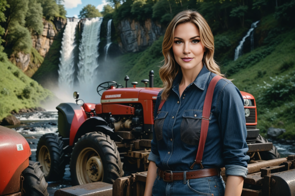 Frau in blauer Arbeitskleidung steht vor einem Traktor und Wasserfall.