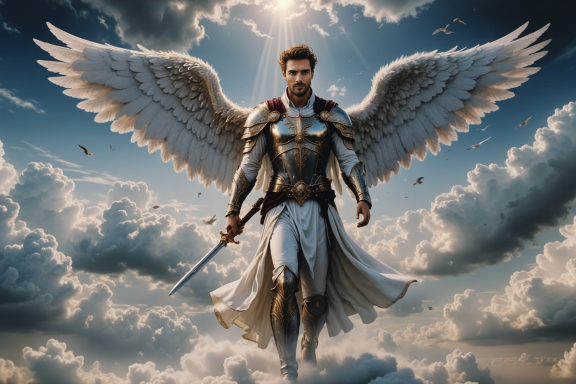 Ein geflügelter Krieger mit Schwert schwebt majestätisch über Wolken.