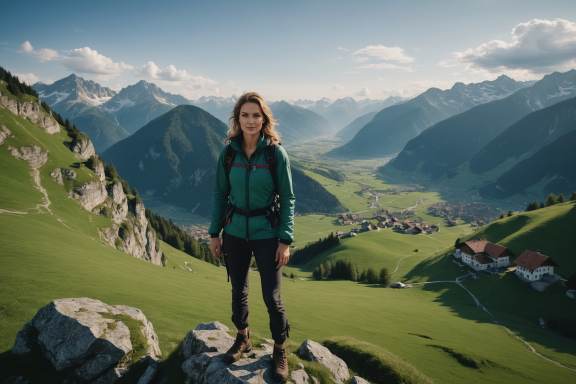 Eine Frau steht auf einem Felsen mit Blick auf eine grüne Tallandschaft und Berge.