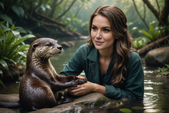 Eine Frau interagiert mit einem Frettchen in einer grünen, natürlichen Umgebung.