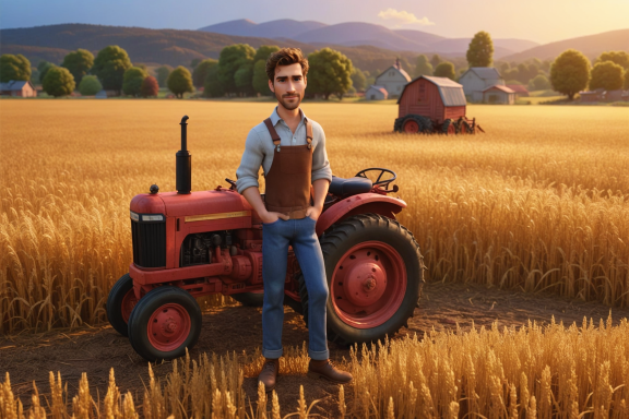 Junger Mann in Latzhose steht neben einem roten Traktor in einem goldenen Feld während Sonnenuntergang.