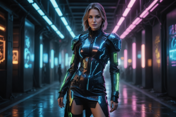 Futuristische Figur in einem schwarzen Anzug mit leuchtenden Akzenten in einem Neon-Korridor.