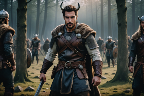 Männlicher Krieger mit Hörnerhelm und Schwert, umgeben von weiteren Kriegern im Wald.