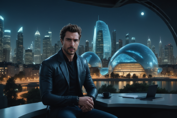 Mann in schwarzer Lederjacke vor futuristischer Stadtansicht bei Nacht.