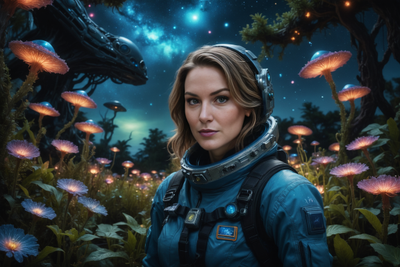 Frau in Weltraumanzug, umgeben von leuchtenden Pilzen und futuristischer Landschaft.