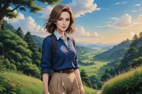 Junge Frau in der Natur, umgeben von Bäumen und einer weiten, grünen Landschaft.