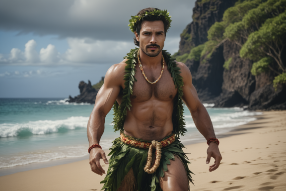 Mann mit muskulösem Oberkörper, in traditioneller Kleidung, steht am Strand.