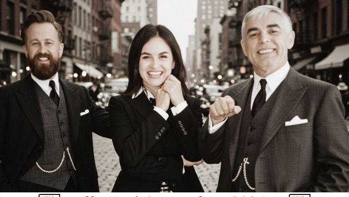 Drei Personen in formeller Kleidung stehen auf einer Stadtstraße und lächeln.