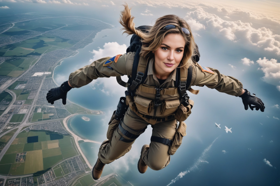 Eine Frau springt im Fallschirmsprung aus einem Flugzeug über eine Landschaft.