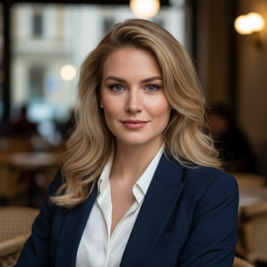 Junge Frau mit blonden Haaren, in blauer Blazerjacke, lächelt in einem Café.
