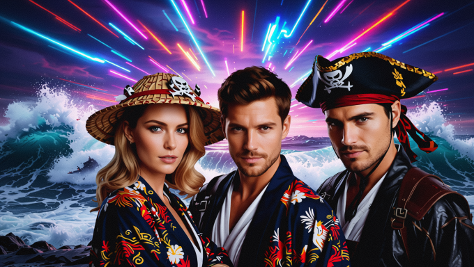 Drei Personen in ausgefallenen Kostümen, umgeben von bunten Lichtern und Wellen.