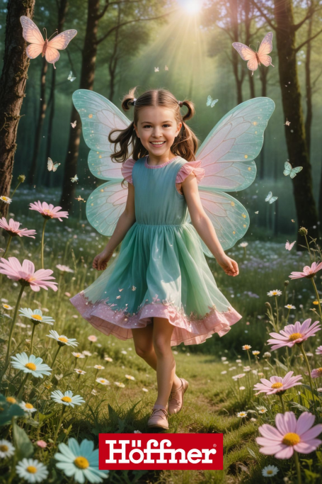 Mädchen mit Schmetterlingsflügeln in einem bunten Blumenfeld im Wald.