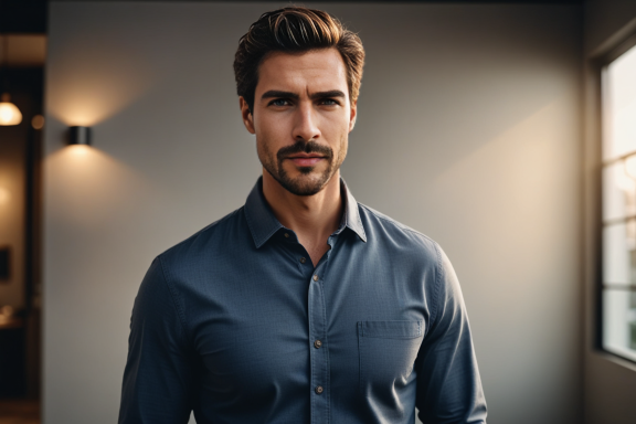 Mann mit Kurzhaarfrisur trägt ein elegantes, dunkelblaues Hemd vor einem modernen Hintergrund.