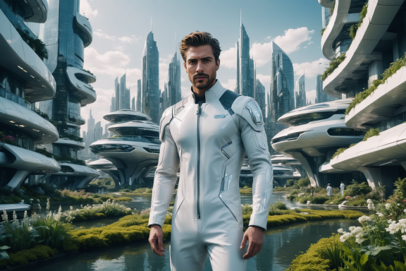 Mann in futuristischer Kleidung vor einer modernen Stadtlandschaft mit großen Gebäuden.