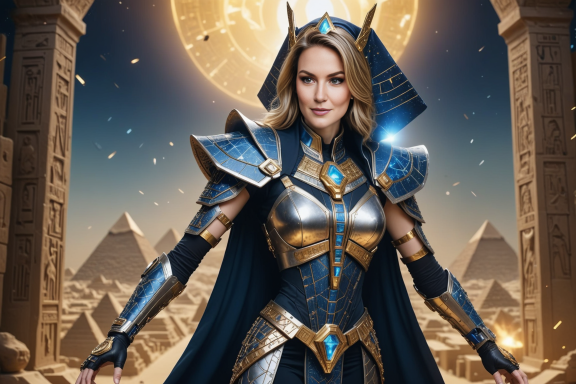 Frau in Rüstung mit blauen und goldenen Akzenten vor Pyramiden und einem großen Mond.