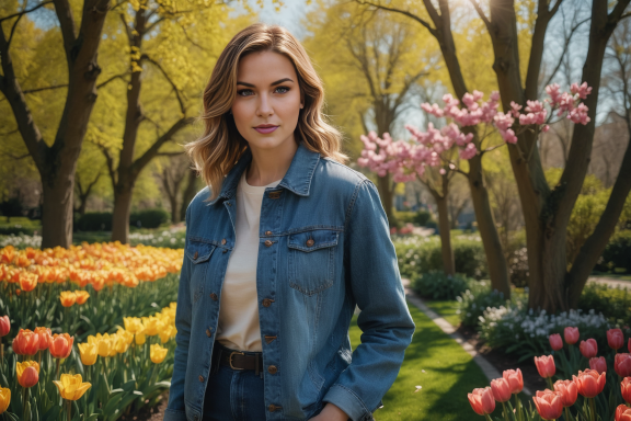 Frau mit blonden Haaren steht in einem blühenden Garten mit Tulpen und Bäumen.