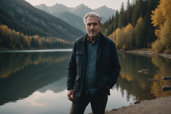Älterer Mann steht am Ufer eines Bergsees, umgeben von Bergen und buntem Herbstwald.