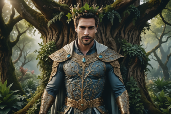 Mann in königlicher Rüstung, umgeben von majestätischem Wald und Bäumen.