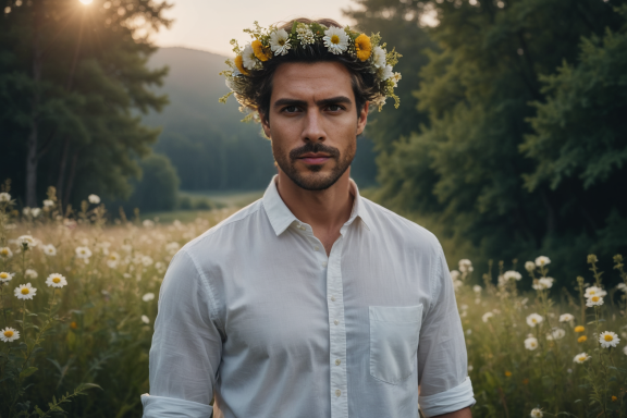 Mann mit Blumenkranz steht in einer Wiese, umgeben von Bäumen und Sonnenlicht.