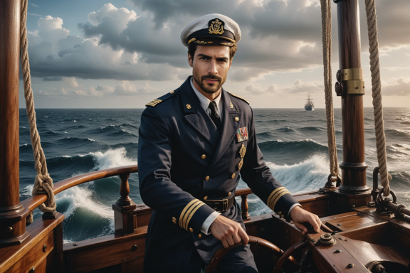 Ein Kapitän steuert ein Schiff gegen raue Wellen, mit stürmischem Himmel im Hintergrund.