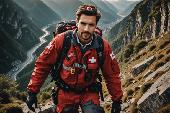 Bergretter in roter Jacke, unterwegs in bergigem Terrain mit Fluss im Hintergrund.