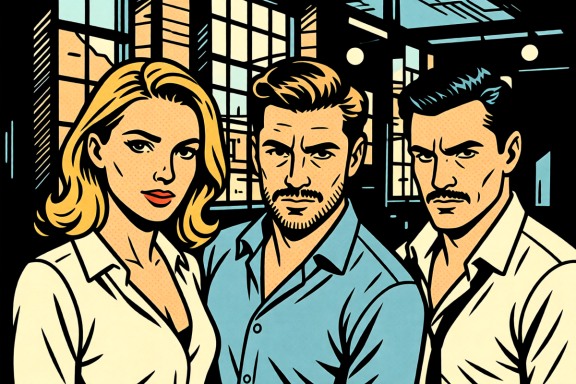 Drei stilisierte Figuren mit blondem, braunem und dunklem Haar, in eleganter Kleidung.