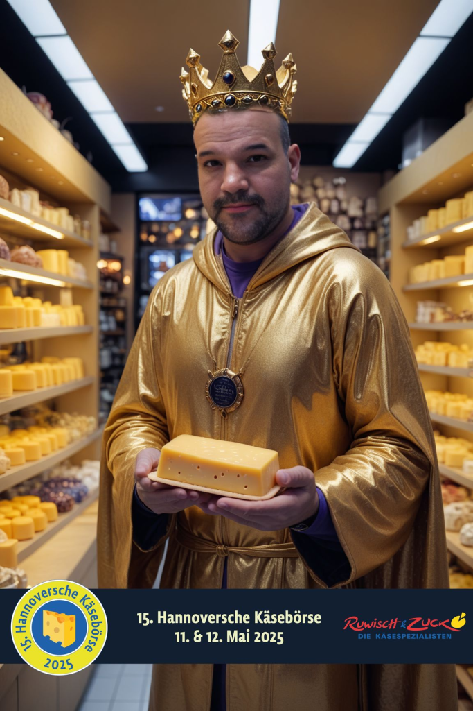 Ein Mann in einer goldenen Robe und Krone hält ein Stück Käse in einem Käseladen.