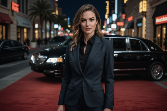 Frau in eleganter schwarzer Kleidung steht auf einem roten Teppich vor einer Limousine.