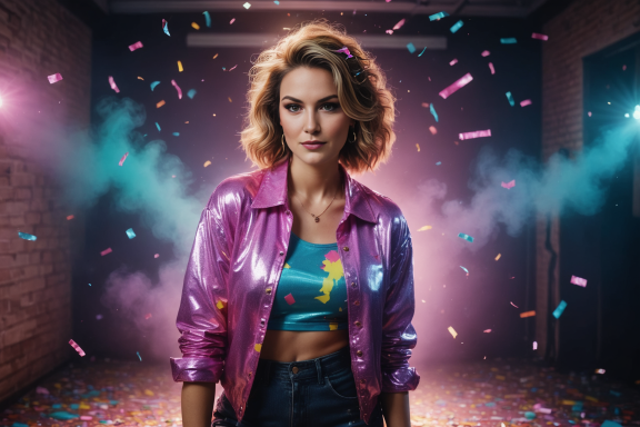 Frau mit lockigem Haar in einem glitzernden, pinken Outfit, umgeben von Konfetti.