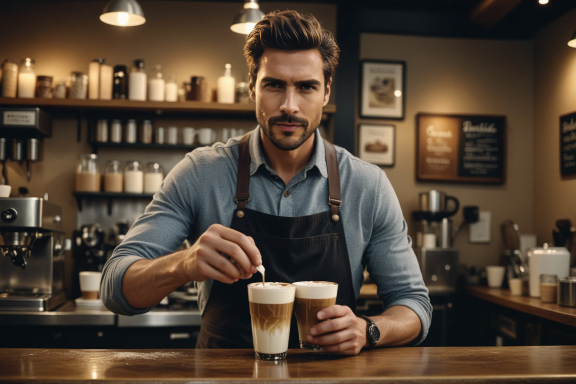 Barista rührt zwei Tassen Kaffee in modernem Café mit Holzregal im Hintergrund.