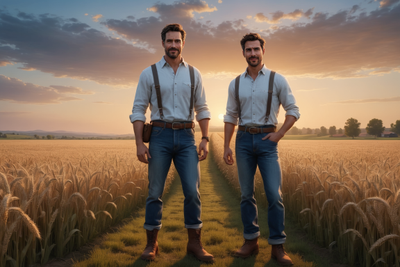 Zwei Männer in suspendierten Hosen stehen auf einem Feld bei Sonnenuntergang.