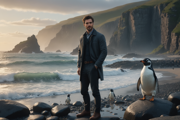 Ein Mann steht am Strand neben einem Pinguin, umgeben von Klippen und Wellen.
