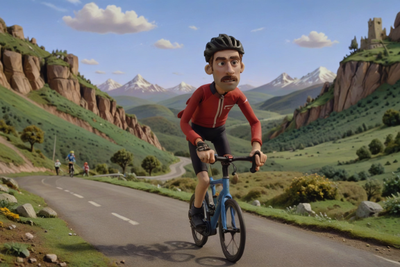 Ein animierter Radfahrer in einer bergigen Landschaft mit grünen Wiesen und Bergen im Hintergrund.