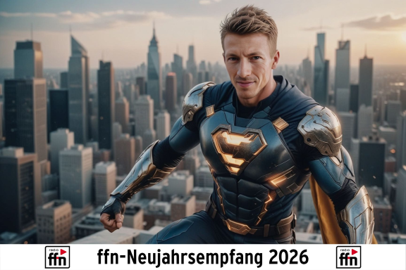 Mann in Superhelden-Kostüm mit Skyline im Hintergrund, bei einer Veranstaltung.