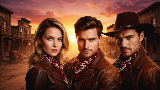 Drei Personen in Western-Kleidung stehen vor einer Stadtlandschaft bei Sonnenuntergang.