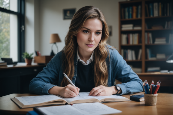 Junge Frau sitzt an einem Tisch, schreibt in ein Notizbuch und schaut konzentriert.