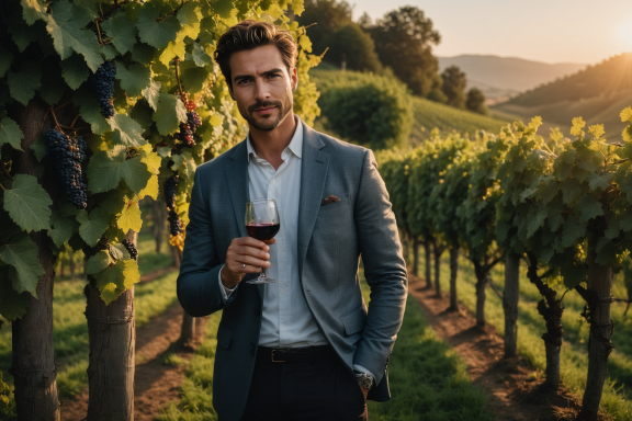 Mann in einem Anzug hält ein Glas Rotwein in einem Weinberg bei Sonnenuntergang.