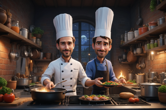 Zwei Köche in einer modernen Küche, einer kocht, der andere hält ein Gericht bereit.