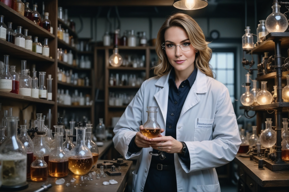 Frau in Laborkittel hält ein Glas in einem chemischen Labor mit vielen Glasgefäßen.