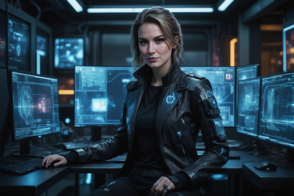 Frau in schwarzer Jacke sitzt vor mehreren Computerbildschirmen in futuristischem Raum.