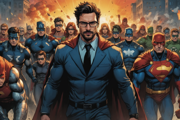Superhelden-Versammlung mit einem Hauptcharakter in Anzug und Cape im Vordergrund.