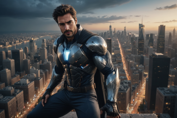 Ein Mann in futuristischer Rüstung posiert über einer Stadtlandschaft bei Sonnenuntergang.