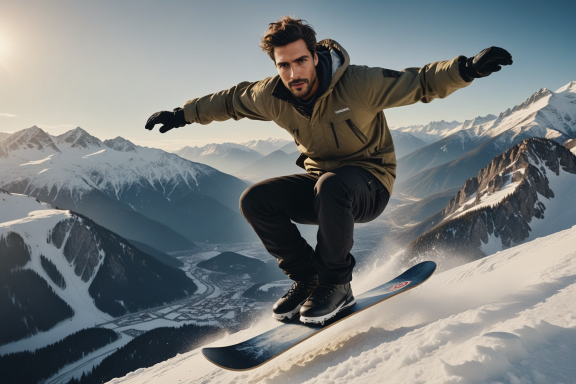 Ein Snowboarder springt über den Schnee in den Bergen.
