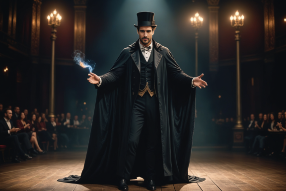 Ein Magier in einem schwarzen Umhang präsentiert mit einem Zauberstab in der Hand.