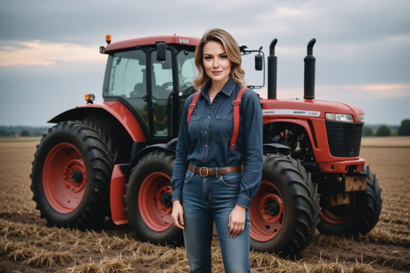 Frau in Jeans und Jeanshemd steht vor einem roten Traktor auf einem Feld.