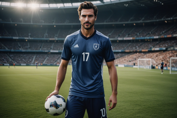 Mann im Fußballtrikot hält einen Ball auf einem Stadionfeld.