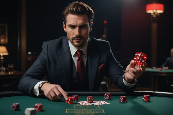 Mann in Anzug spielt Poker mit roten und grünen Chips am Tisch im Casino.
