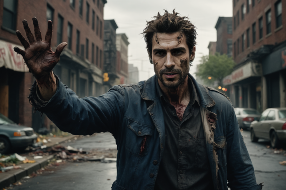 Mann mit blutiger Kleidung steht auf einer verwahrlosten Straßenkreuzung.