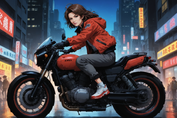 Frau in rot-weißer Jacke auf einem Motorrad vor einer neonbeleuchteten Stadtlandschaft.