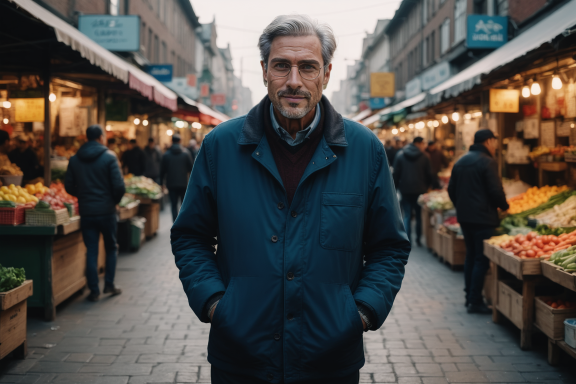 Mann in blauer Jacke steht auf einem Marktplatz zwischen Verkaufsständen.